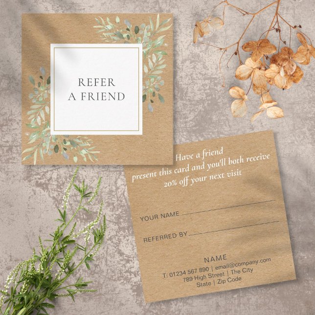 Tarjeta De Recomendación Elegante Moderno Rústico Kraft Verde (Modern Elegant Rustic Kraft Greenery Referral Card)