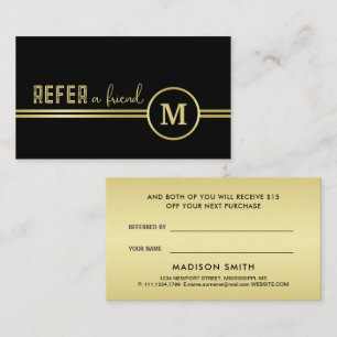 Tarjeta De Recomendación Elegante Monograma de Firma en Oro sobre Negro