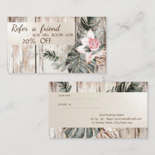 Tarjeta De Recomendación Elegante, Textura de Madera, Raya, Rosas de Hoja d