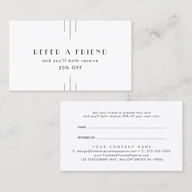 Tarjeta De Recomendación EVERLY Art Deco White Black Refer A Friend (Anverso / Reverso)