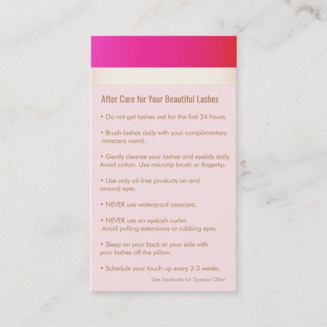 Tarjeta De Recomendación Extensiones de Eyelash Rosado Caliente después de  (Anverso)