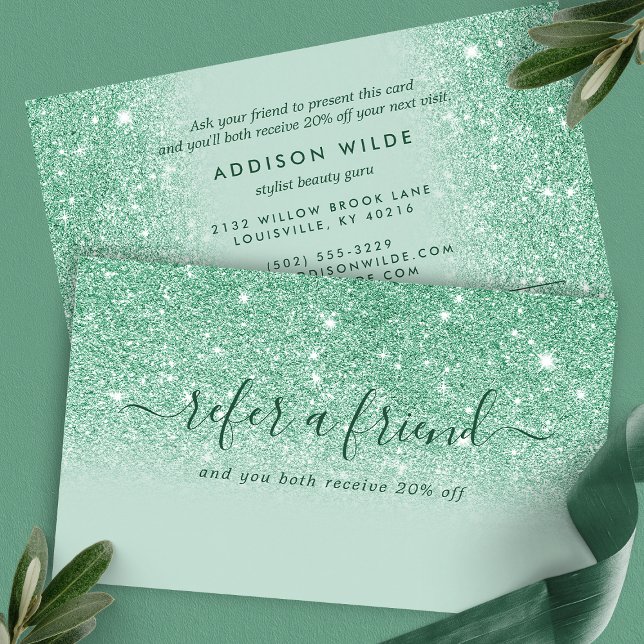 Tarjeta De Recomendación Firma Script Mint Green Purpurina Modern Girly (Subido por el creador)