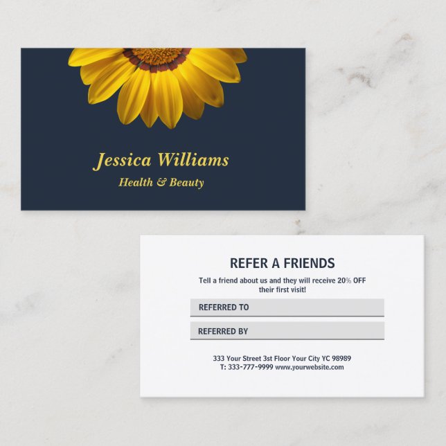 Tarjeta De Recomendación Flores amarillas sobre fondo azul marino Monograma (Anverso / Reverso)