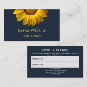 Tarjeta De Recomendación Flores amarillas sobre fondo azul marino Monograma