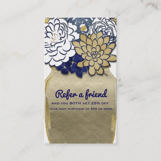 Tarjeta De Recomendación Flores en Tarro de Mason Rústico Dorado Azul Recom (Anverso)