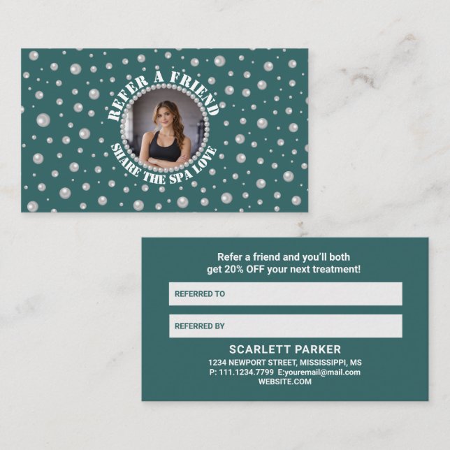 Tarjeta De Recomendación Foto personalizada con círculo de perlas sobre azu (Anverso / Reverso)