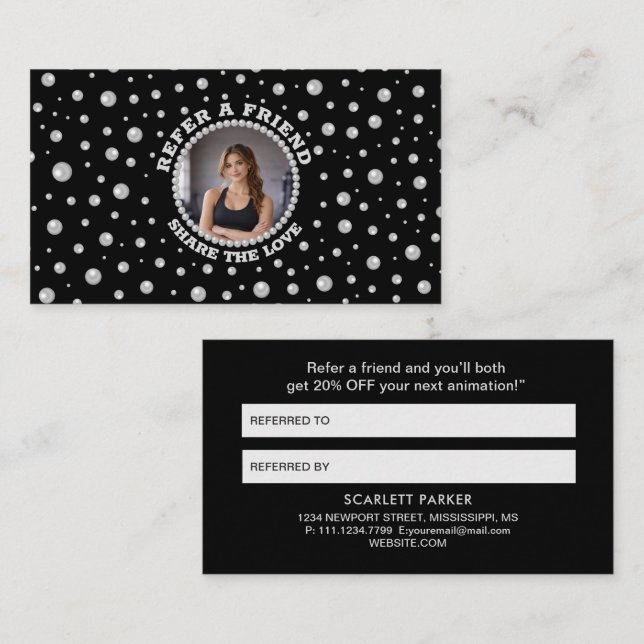 Tarjeta De Recomendación Foto personalizada con círculo de perlas sobre neg (Anverso / Reverso)