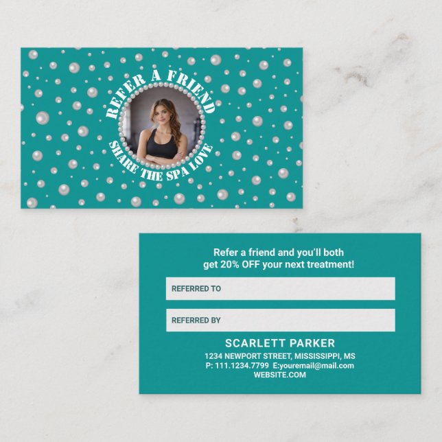 Tarjeta De Recomendación Foto personalizada en círculo de perlas sobre verd (Anverso / Reverso)