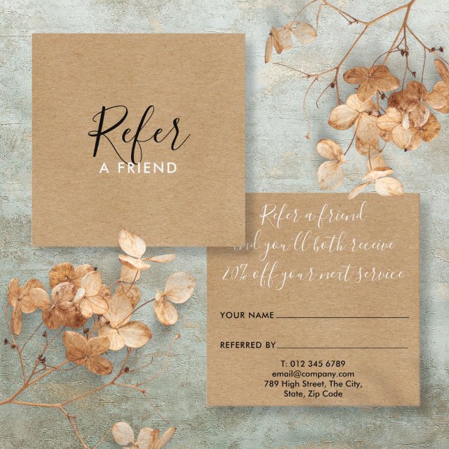 Tarjeta De Recomendación Fuerza Rústica Simple Boho Escritura de Firma (Rustic Kraft Simple Boho Signature Script Referral Card)