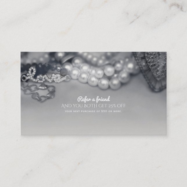 Tarjeta De Recomendación Glam Black & White Pearls le hacen referencia a un (Anverso)