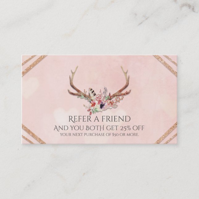 Tarjeta De Recomendación Glam, Rosa de Antlers Florales Rosa de Rubor, remi (Anverso)