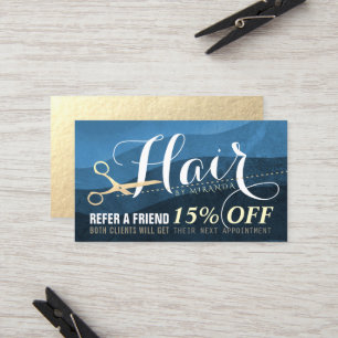 Tarjeta De Recomendación Hairstylist Hairdresser Blue Gold Scissor Referral