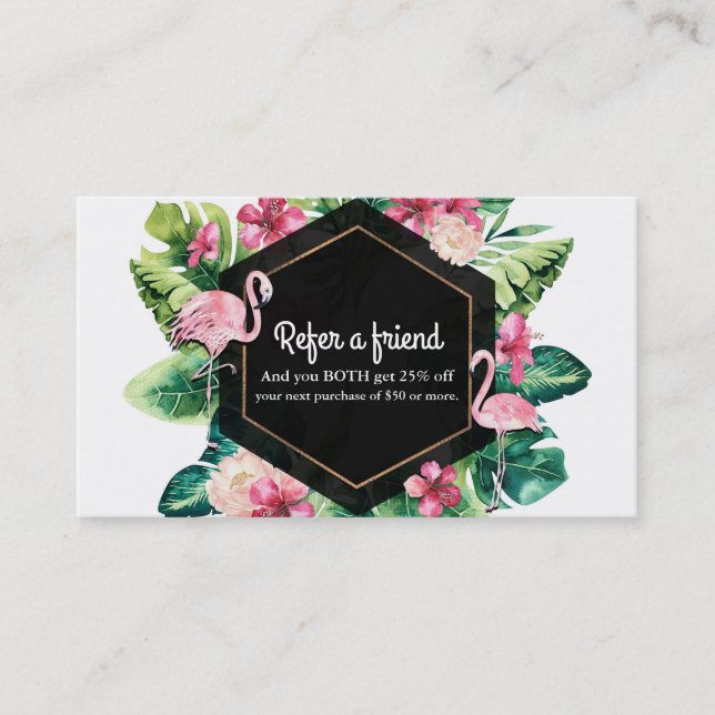 Tarjeta De Recomendación Hojas Tropicales Hibiscos Flamencos Recomienda a u (Anverso)