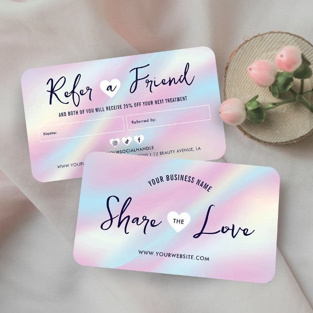 Tarjeta De Recomendación Holografía de moda Share the Love Nails Spa Salon (Trendy Share the Love referral cards with holographic effect and trendy script fonts)