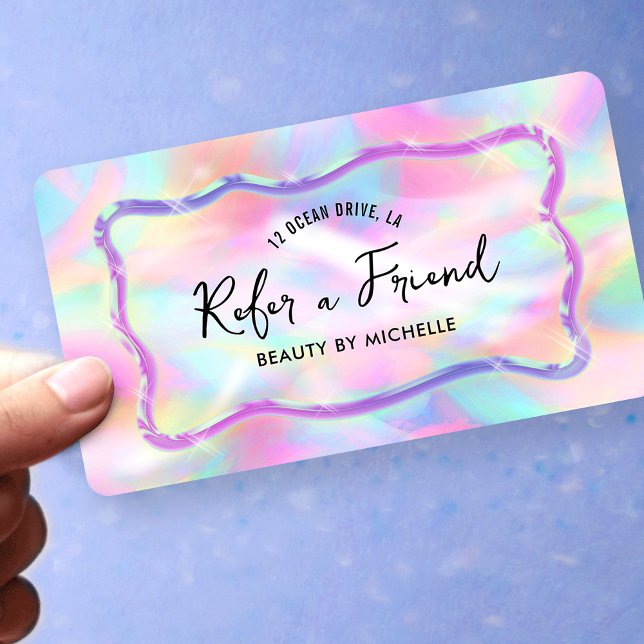 Tarjeta De Recomendación Holographic Neon Colors Refer A Friend Girly (Neon colors Refer a Friend cards with holographic style background and trendy fonts)