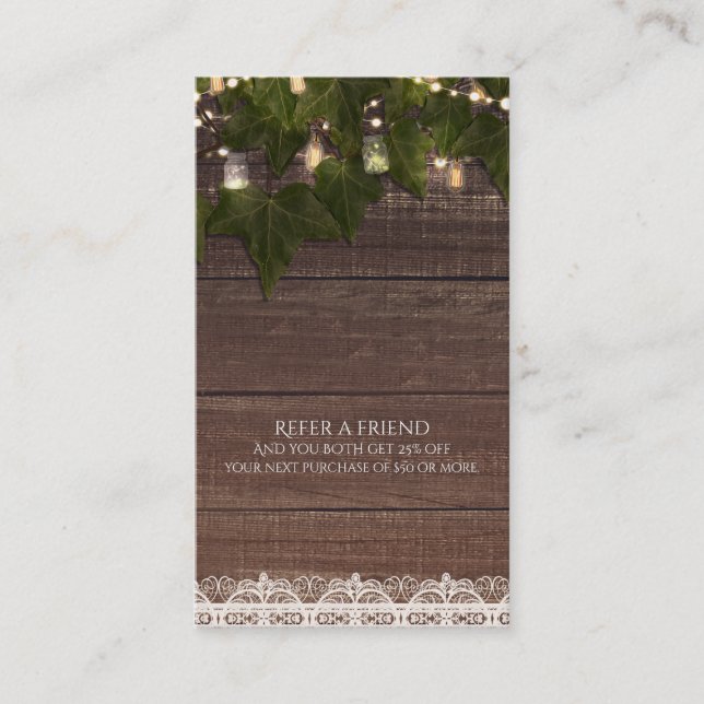 Tarjeta De Recomendación Ivy String enciende a Mason Jar Rustic se refiere  (Anverso)