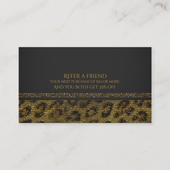 Tarjeta De Recomendación Leopard Sparkle Sequins Glam Chic Referir un Amigo (Anverso)