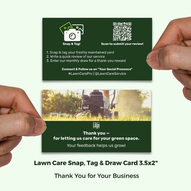 Tarjeta De Recomendación Logo de Lawn Care Gracias Testimonios y (Lawn Care Logo Thank You Photo Testimonial & Referral Card; Size 3.5x2 Inch, Landscape Format)