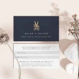 Tarjeta De Recomendación Logotipo de tijeras florales marinas y doradas | S