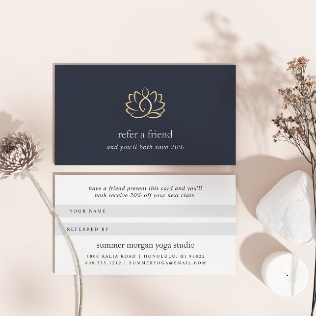 Tarjeta De Recomendación Logotipo Navy & Gold Lotus | Yoga Wellness Spa (Subido por el creador)