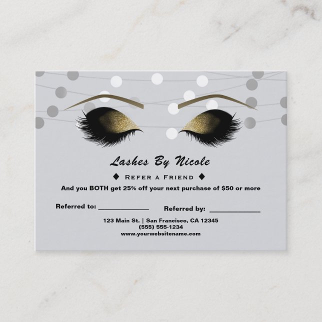 Tarjeta De Recomendación Luces Blancas Plateadas Pestañas Referir Amigo Pos (Anverso)