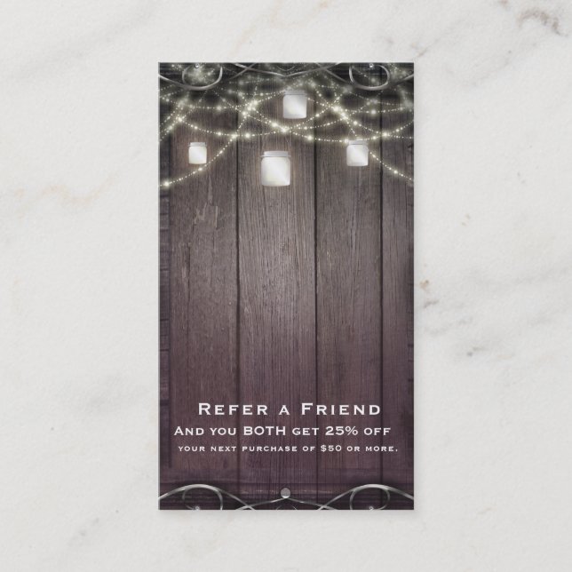 Tarjeta De Recomendación Luces de Madera Rústica y Frascos de Mason Recomie (Anverso)
