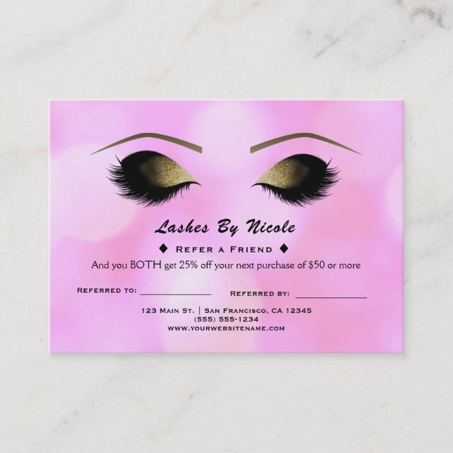 Tarjeta De Recomendación Luces rosadas Glam Lashes Refieren a Amigo después (Anverso)