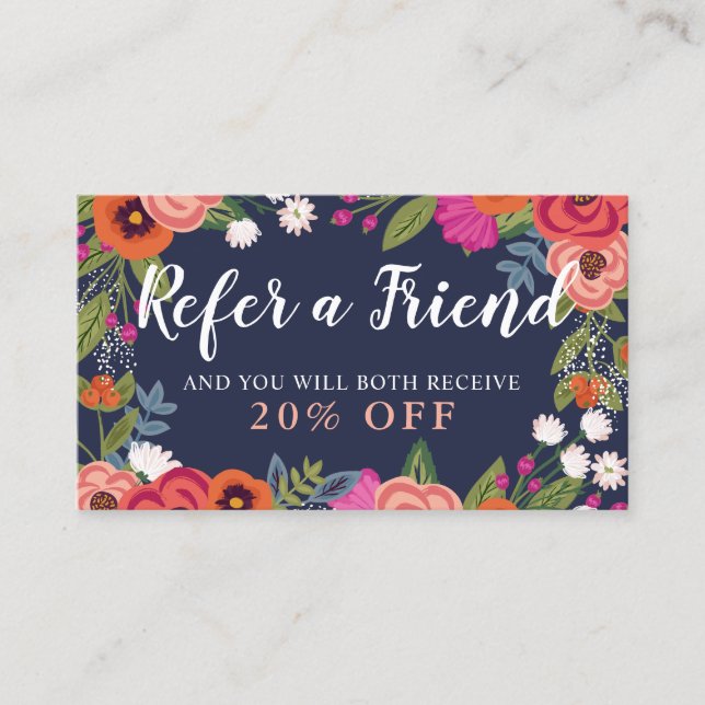 Tarjeta De Recomendación Marco Floral Boho - Azul marino remite a un amigo (Anverso)