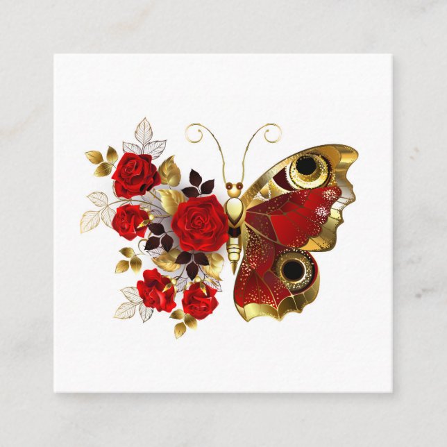 Tarjeta De Recomendación Mariposa de flor roja con rosas rojas (Anverso)