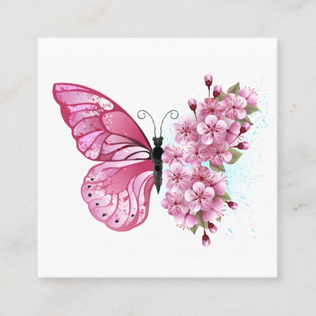 Tarjeta De Recomendación Mariposa de flores con Sakura rosa (Anverso)