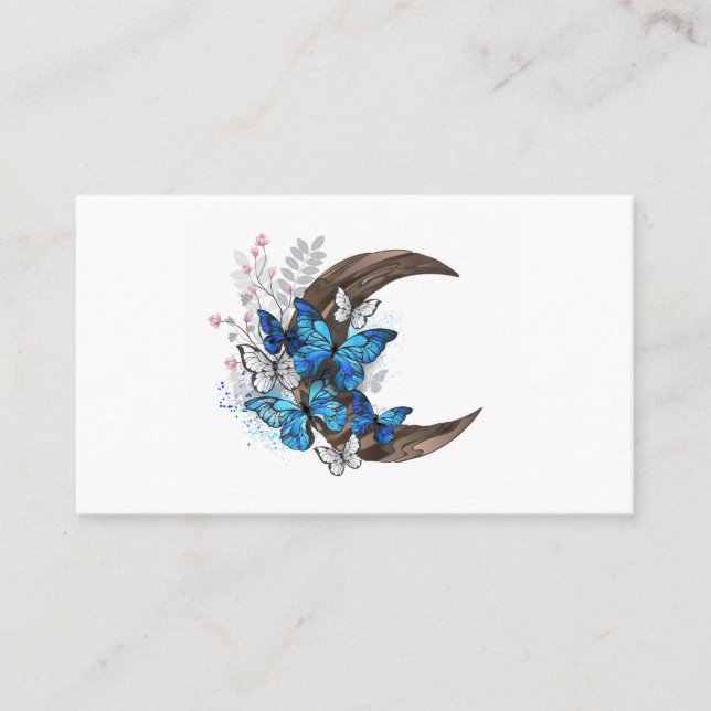 Tarjeta De Recomendación Mariposas azules en creciente de madera (Anverso)