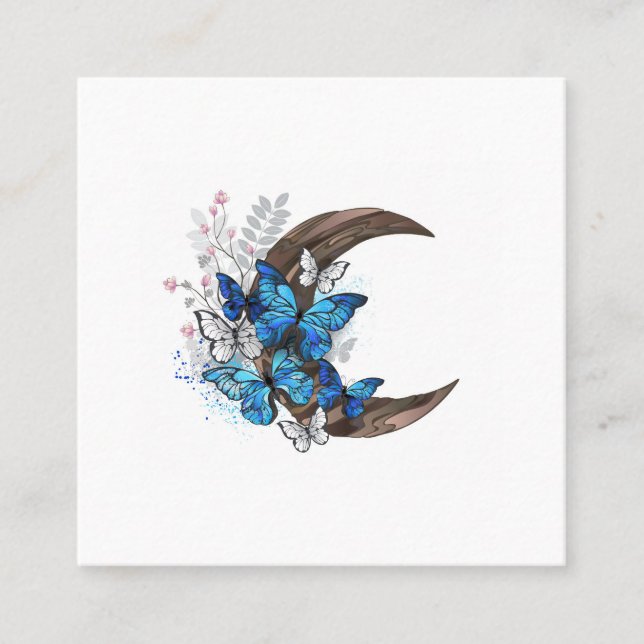 Tarjeta De Recomendación Mariposas azules en creciente de madera (Anverso)