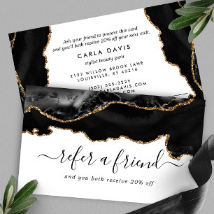 Tarjeta De Recomendación Mármol de Ágata Dorado Negro Moderno Elegante