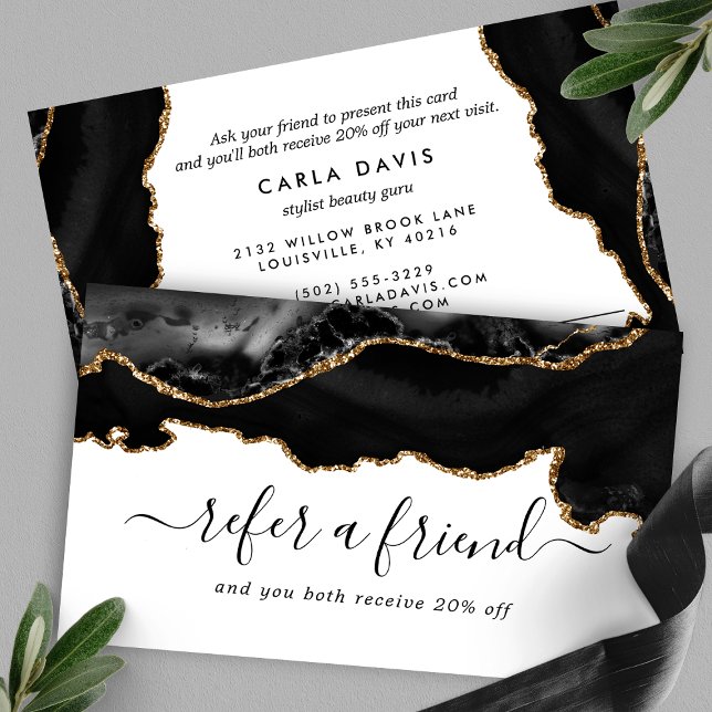 Tarjeta De Recomendación Mármol de Ágata Dorado Negro Moderno Elegante (Subido por el creador)