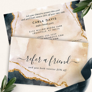 Tarjeta De Recomendación Mármol Rosa Negro Dorado Moderno Acuarela