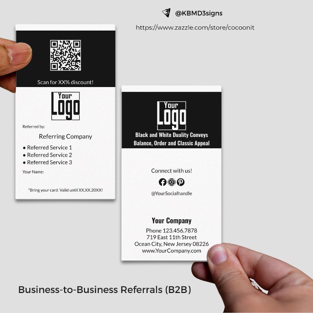 Tarjeta De Recomendación Mínimo Código B2B de QR para servicios en blanco y (Minimal Black & White Services QR Code B2B Referral Card, Business to Business Partnership Promotion)