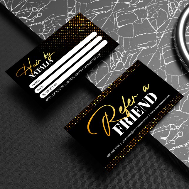 Tarjeta De Recomendación Moda Black Gold Sparkle Hair Stylist Salon (Subido por el creador)