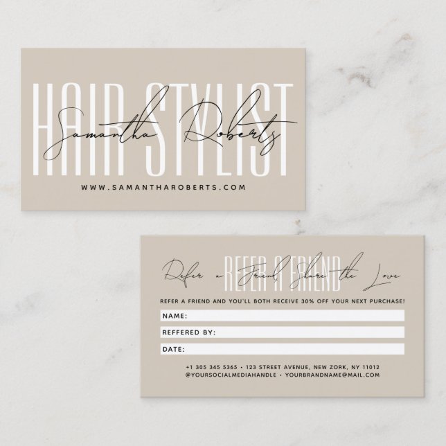Tarjeta De Recomendación Modern hair stylist script typography customer  (Anverso / Reverso)