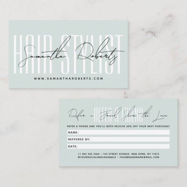 Tarjeta De Recomendación Modern hair stylist script typography customer  (Anverso / Reverso)