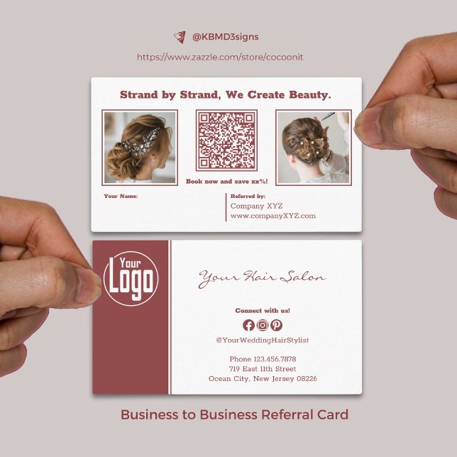 Tarjeta De Recomendación Moderna Borgoña y Boda blanco estilo cabello (Modern Burgundy & White Wedding Hair Stylist Referral Card, B2B, Business to Business)