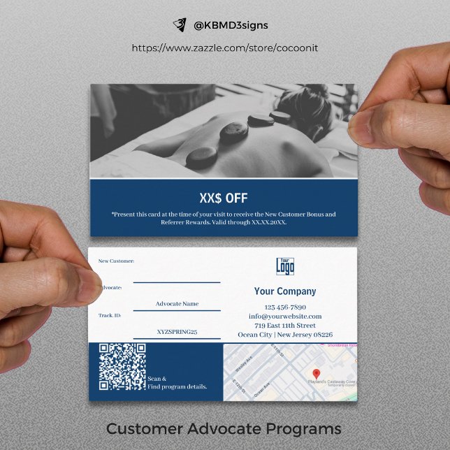 Tarjeta De Recomendación Moderno Blue White Nuevo abogado del cliente recom (Modern Blue White New Customer Advocate Reward Referral Card)