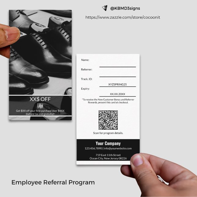 Tarjeta De Recomendación Nuevo y elegante descuento del cliente recompensa  (Elegant New Customer Discount Employee Reward Referral Card, Black & White Business Card Size Design)