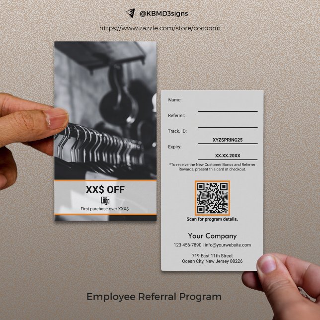 Tarjeta De Recomendación Nuevo y moderno descuento del cliente a los emplea (Modern New Customer Discount Employee Reward Referral Card, Gray, Black, Orange)