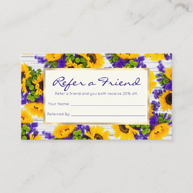 Tarjeta De Recomendación País Rústico Madera Blanca Morado Girasol Amarillo (Anverso)