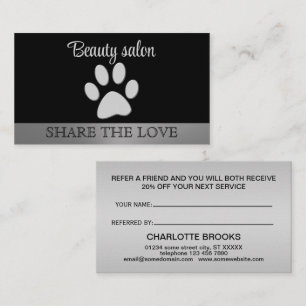 Tarjeta De Recomendación Paw de perro plateado sobre fondo negro