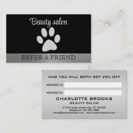 Tarjeta De Recomendación Paw de perro plateado sobre fondo negro