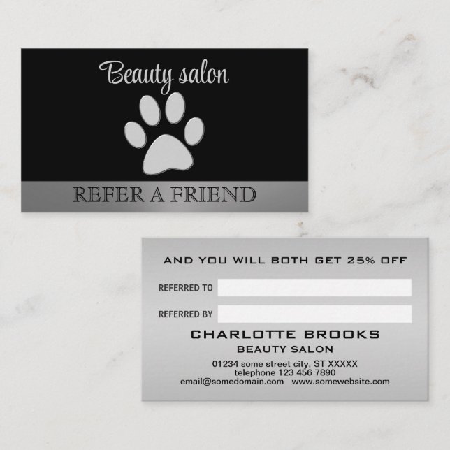 Tarjeta De Recomendación Paw de perro plateado sobre fondo negro (Anverso / Reverso)