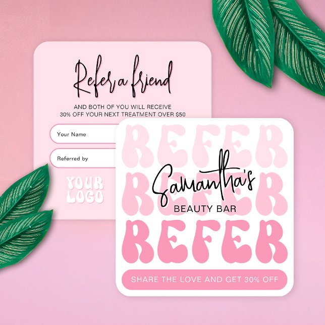 Tarjeta De Recomendación Peluquería con logo moderno Retro Rosa (Trendy Refer A Friend business card design with retro pink aesthetic and groovy fonts)