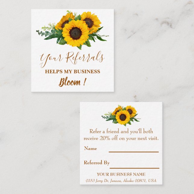 Tarjeta De Recomendación Pequeña empresa con girasol elegante  (Anverso / Reverso)