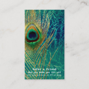 Tarjeta De Recomendación Pluma de Pavo Real Azul Teal Dorado Boho Recomiend